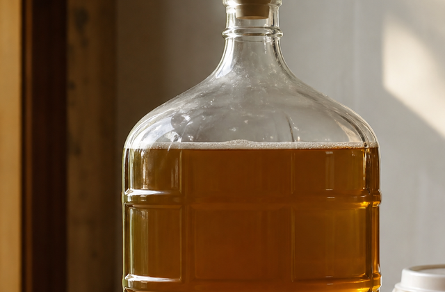 Golden mead being poured into a carboy