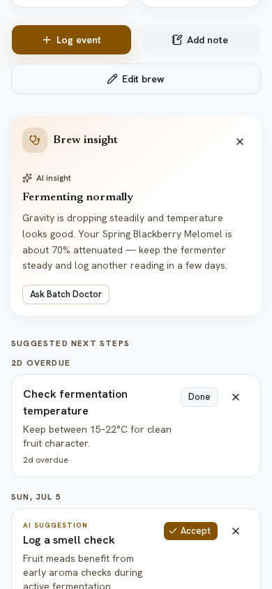 MeadMate batch health screen with an AI insight and key readings